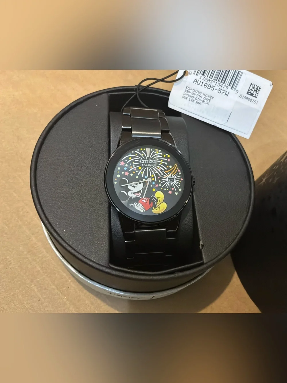 New Citizen Mickey Mouse Fiesta Eco-Drive Black Steel Watch AU1095-57W